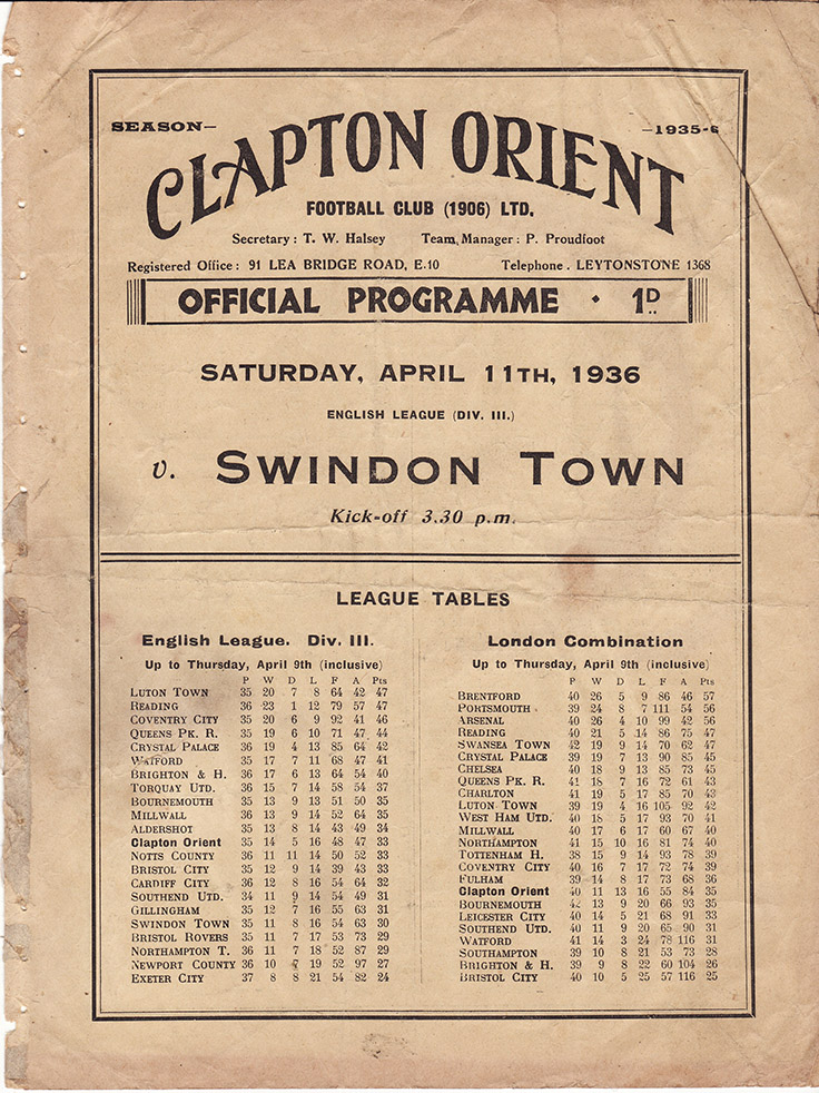 <b>Saturday, April 11, 1936</b><br />vs. Clapton Orient (Away)